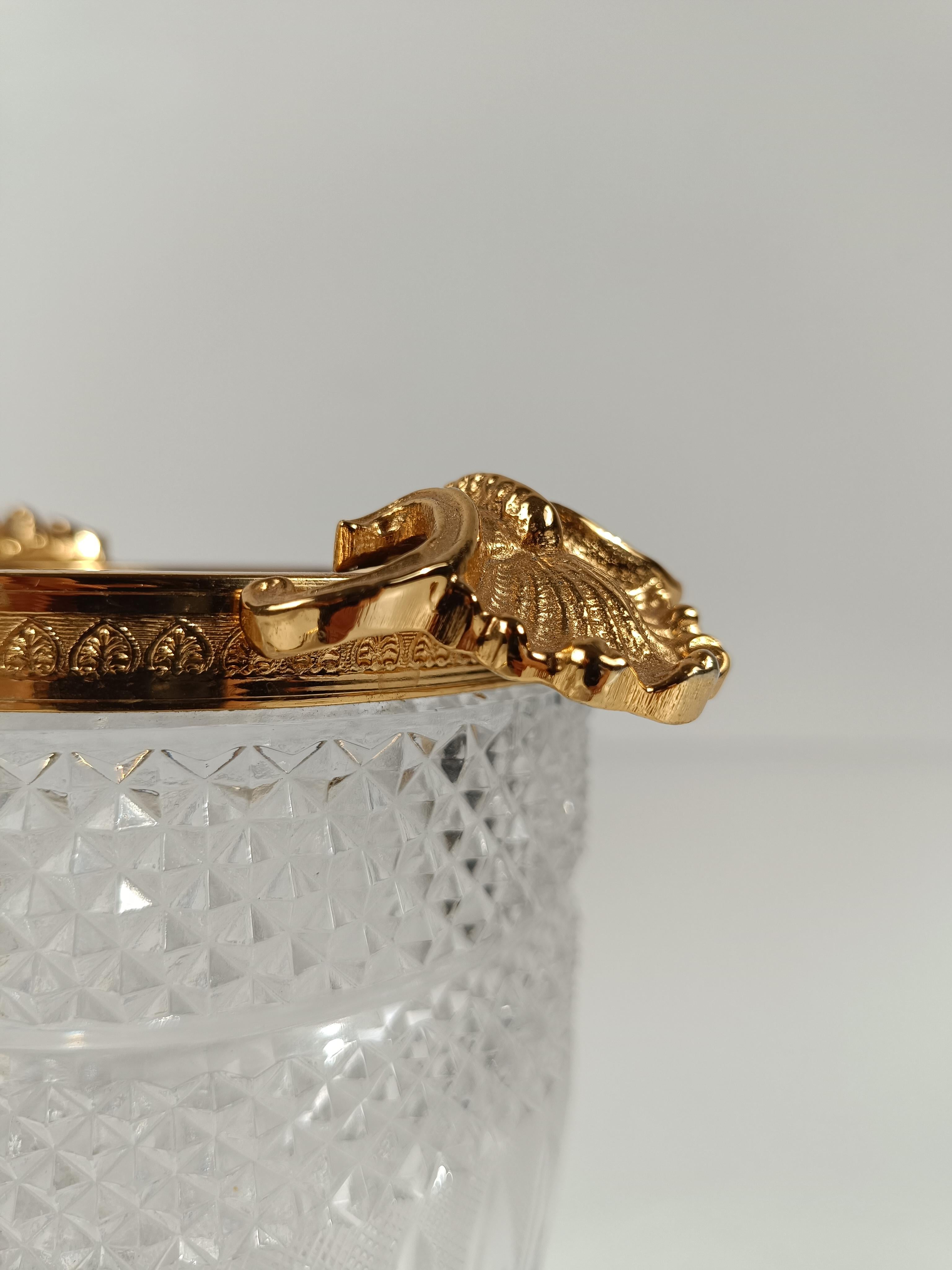 Vintage Ice Bucket in Cut Crystal with gilded metal Shells in Rococo Style For Sale 8