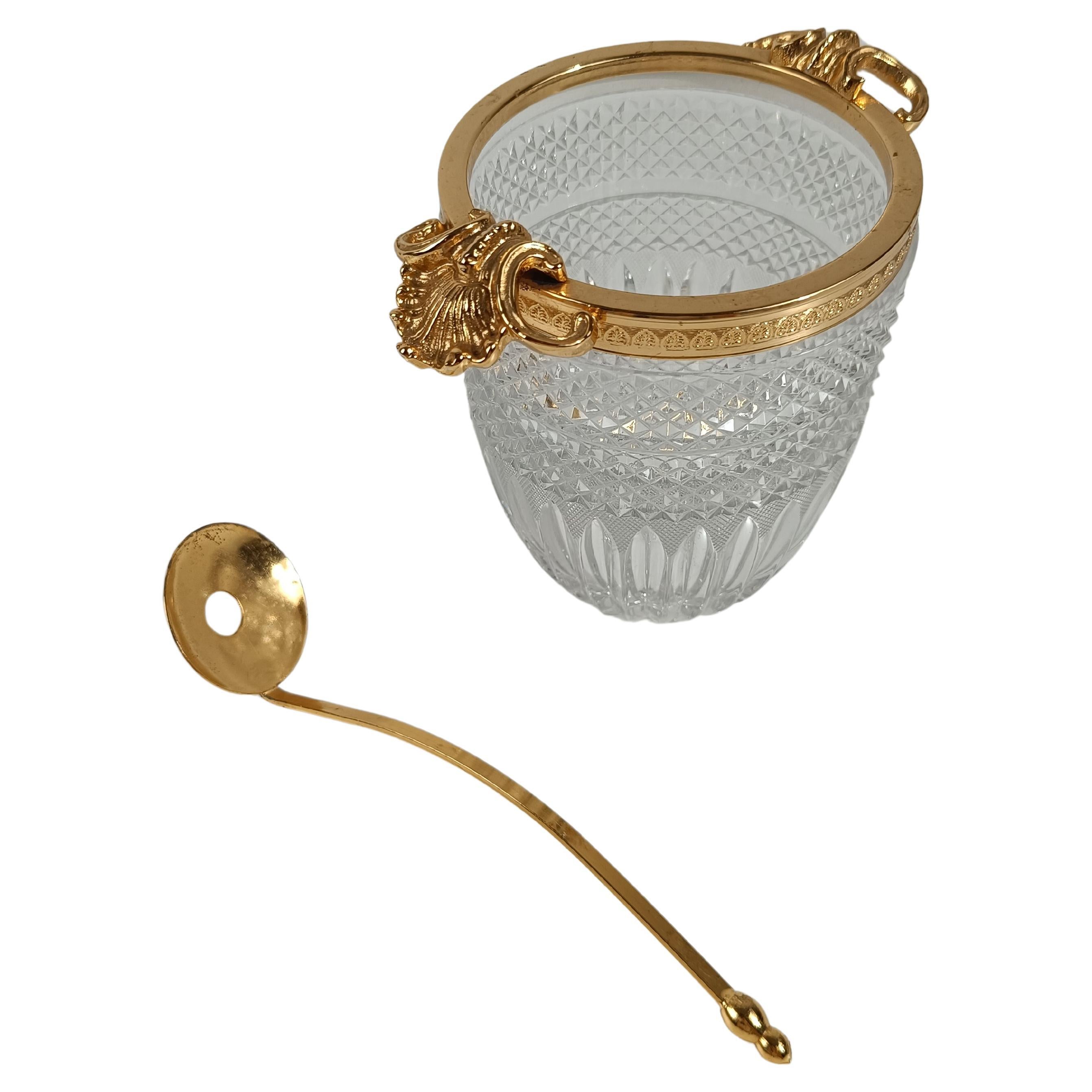 Vintage Ice Bucket in Cut Crystal with gilded metal Shells in Rococo Style For Sale