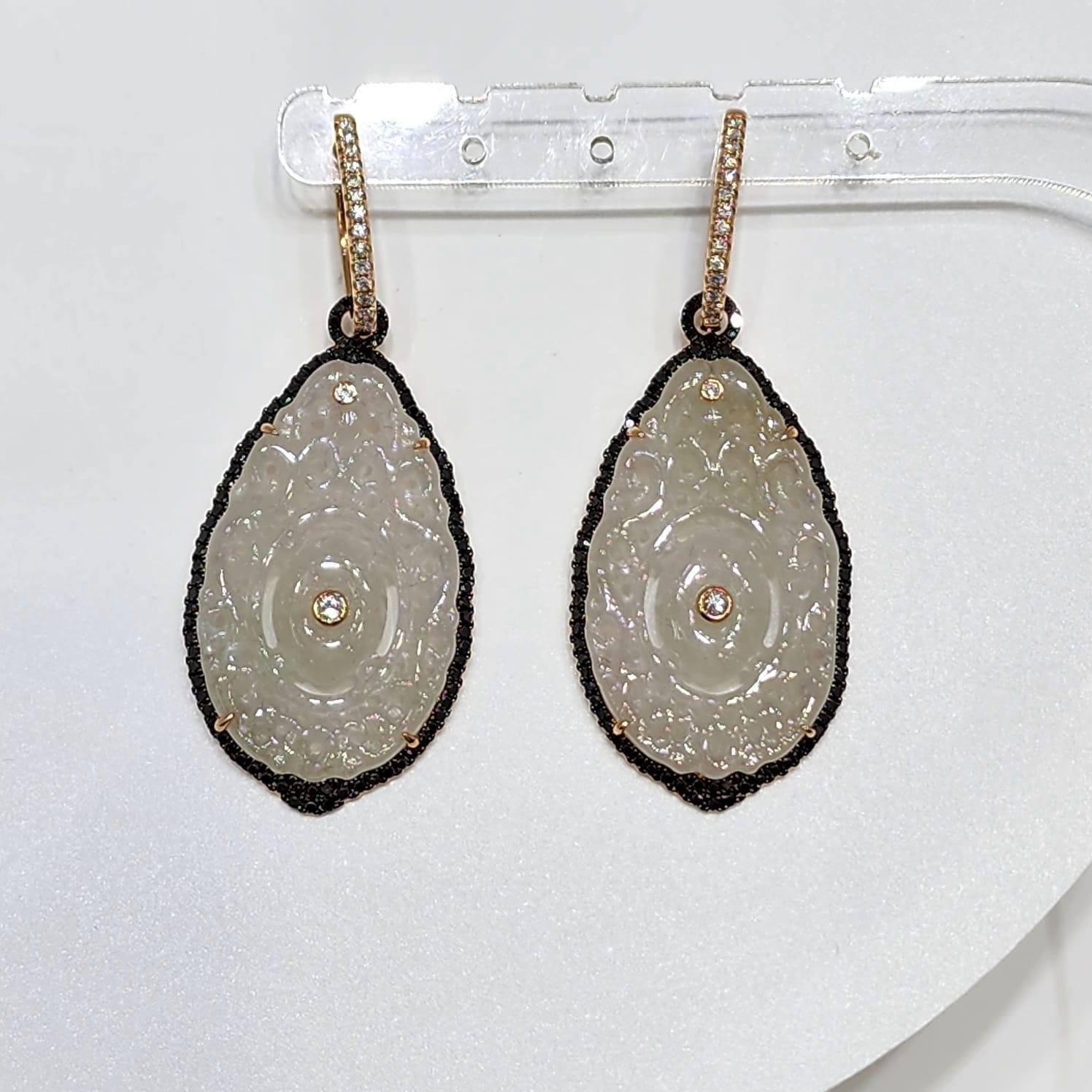 Vintage Ice Jadeite Diamond Drop Earring in 18K Rose Gold For Sale 4