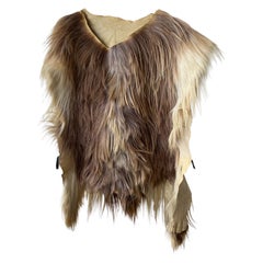 Vintage Icelandic Sheepskin Fur Poncho Capelet in Natural Brown and Cream