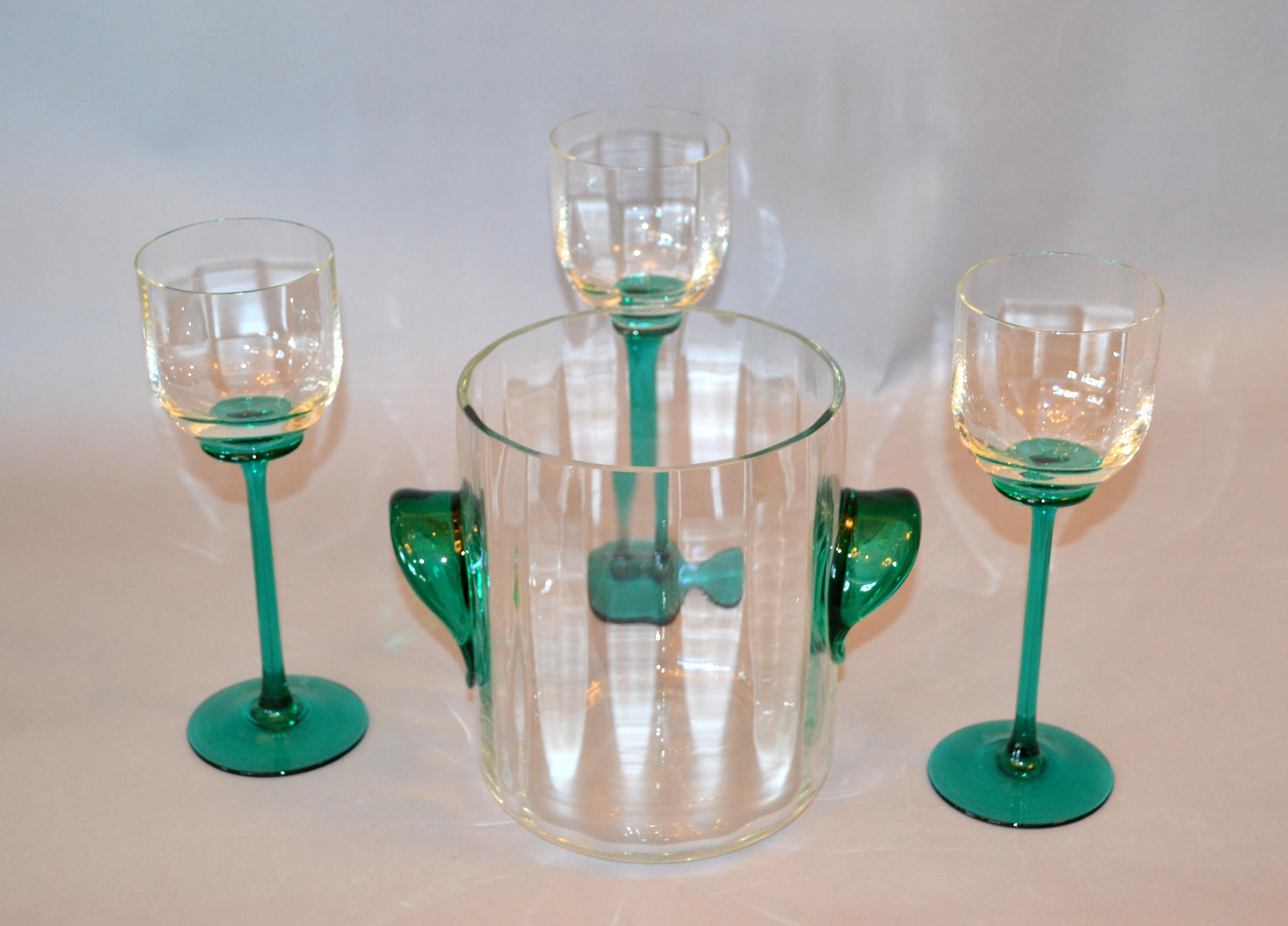 Murano Glass Vintage Icet Arte Murano Clear and Green Wine Glasses with Wine Cooler, Set of 4