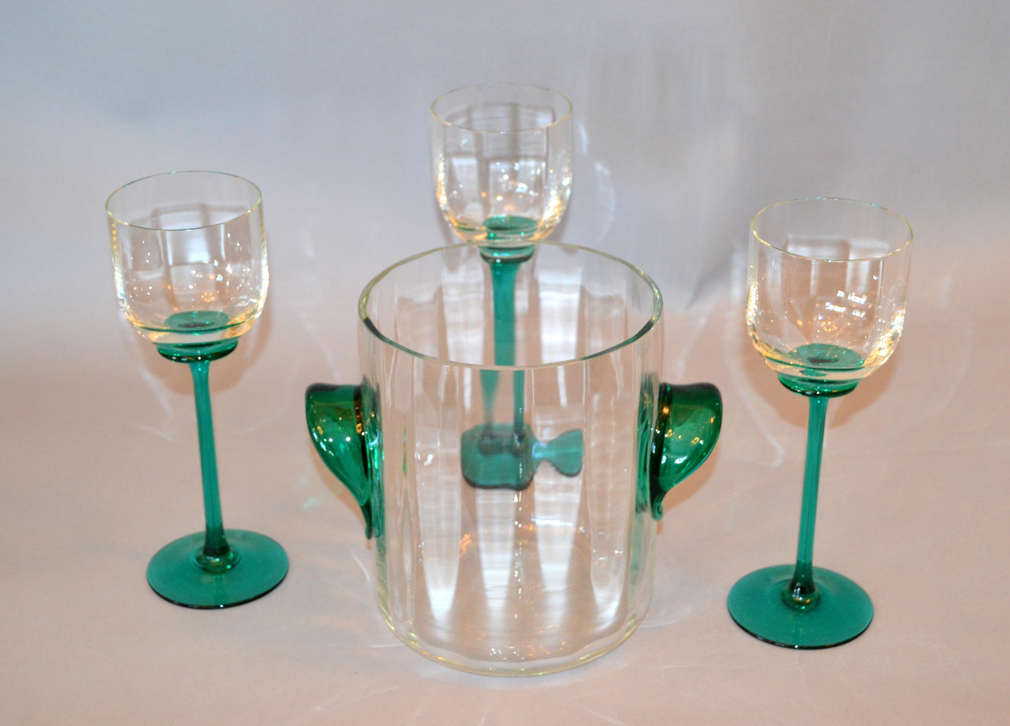 Art Glass Vintage Icet Arte Murano Clear and Green Wine Glasses with Wine Cooler, Set of 4