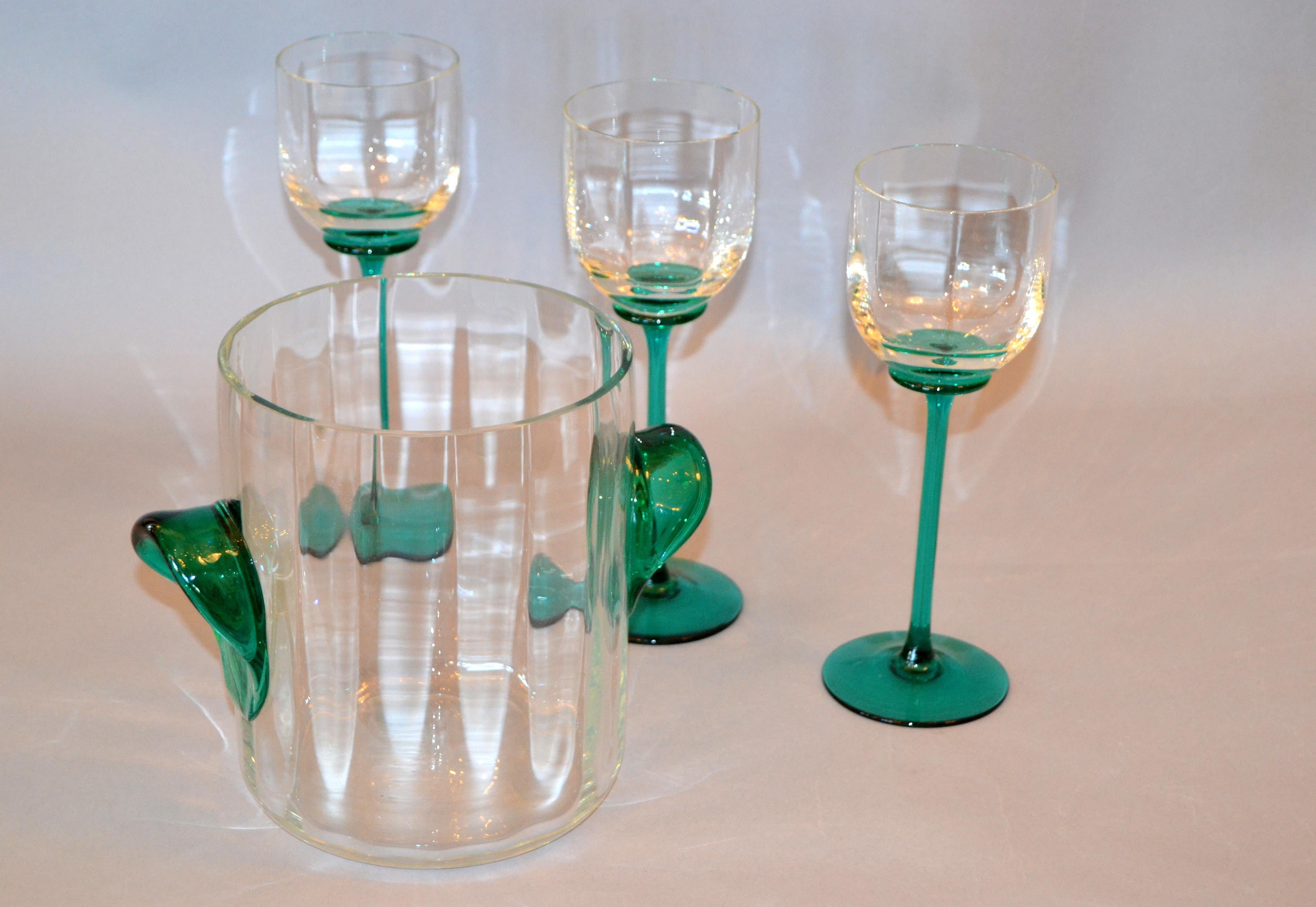 Vintage Icet Arte Murano Clear and Green Wine Glasses with Wine Cooler, Set of 4 1