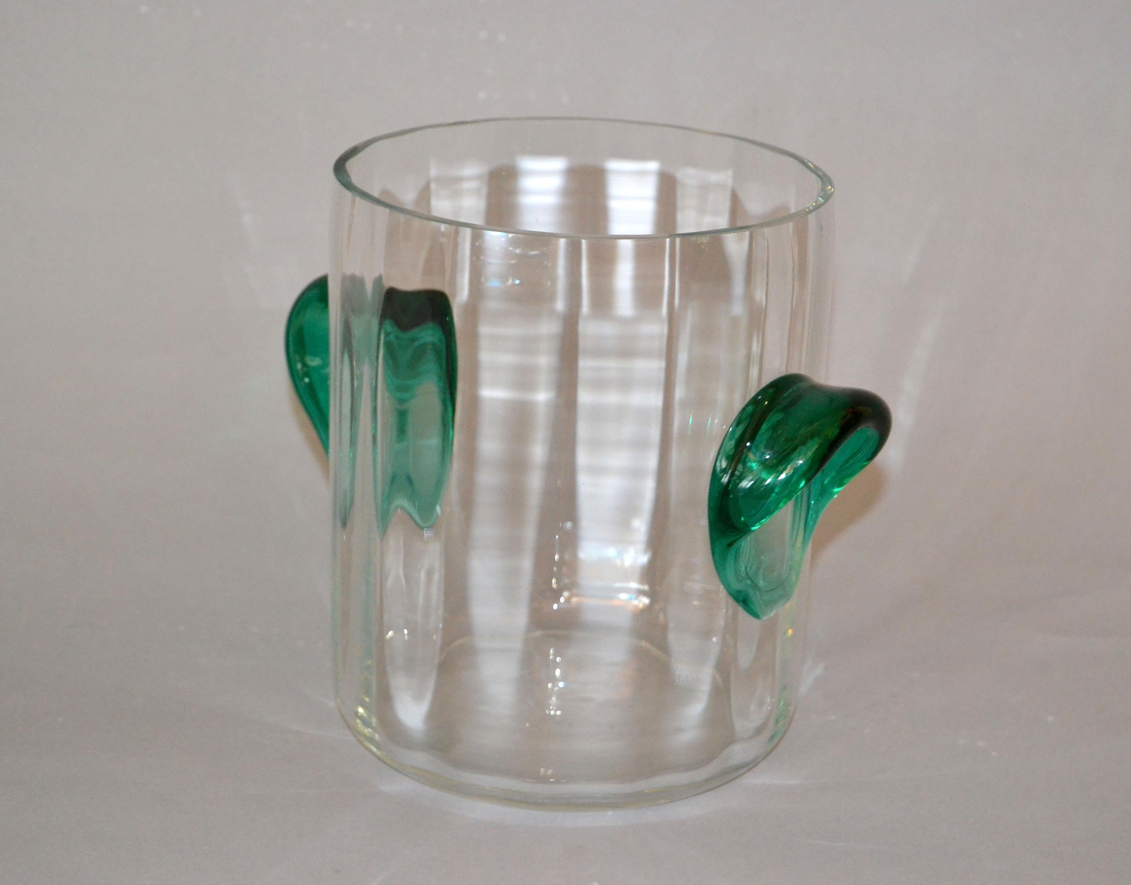 Mid-Century Modern Vintage Icet Arte Murano Clear and Green Wine Glasses with Wine Cooler, Set of 4