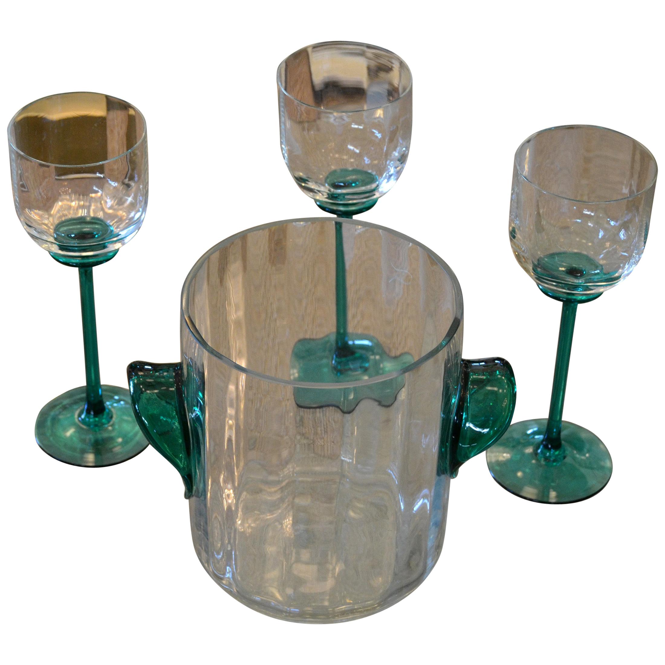 Vintage Icet Arte Murano Clear and Green Wine Glasses with Wine Cooler, Set of 4