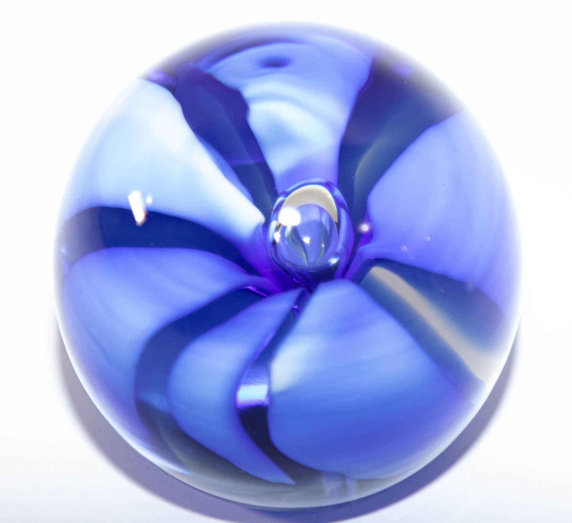 Vintage ICET Murano Glass Paperweight with Cobalt Blue Flower Mid-Century Moder 2