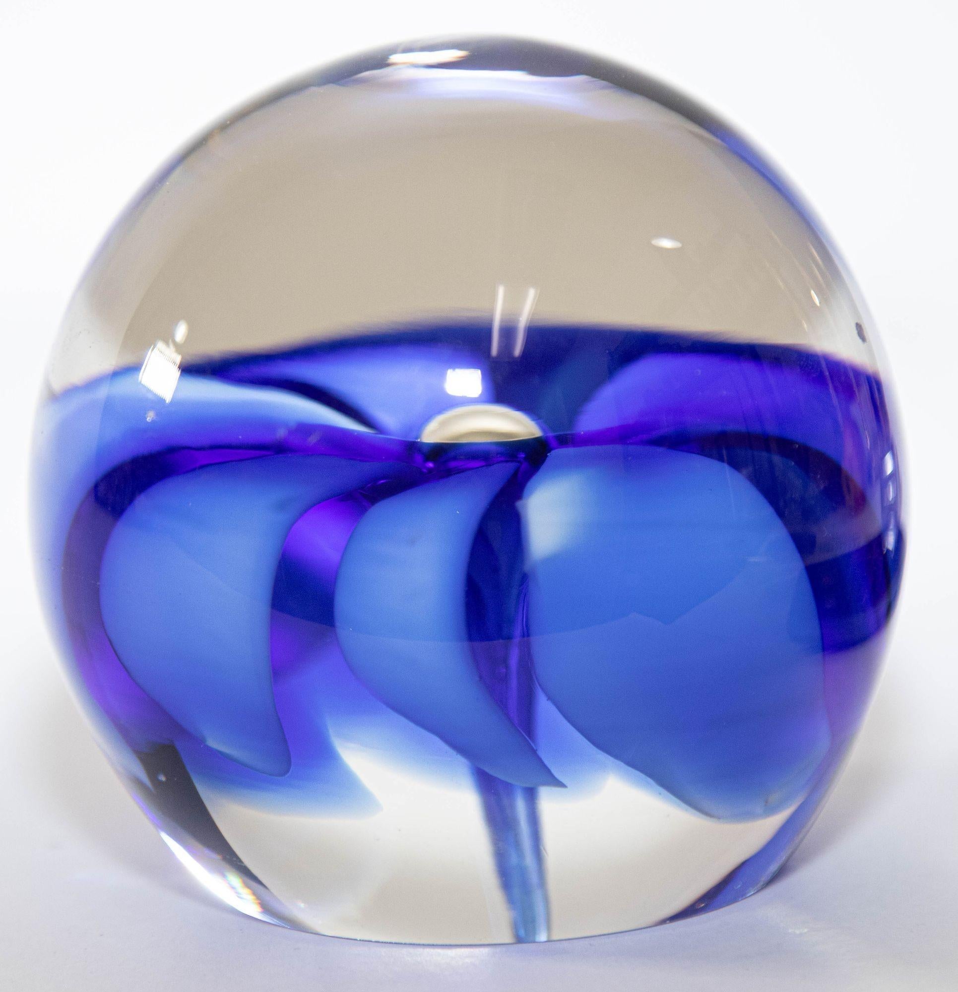 Vintage ICET Murano Glass Paperweight with Cobalt Blue Flower Mid-Century Moder 4