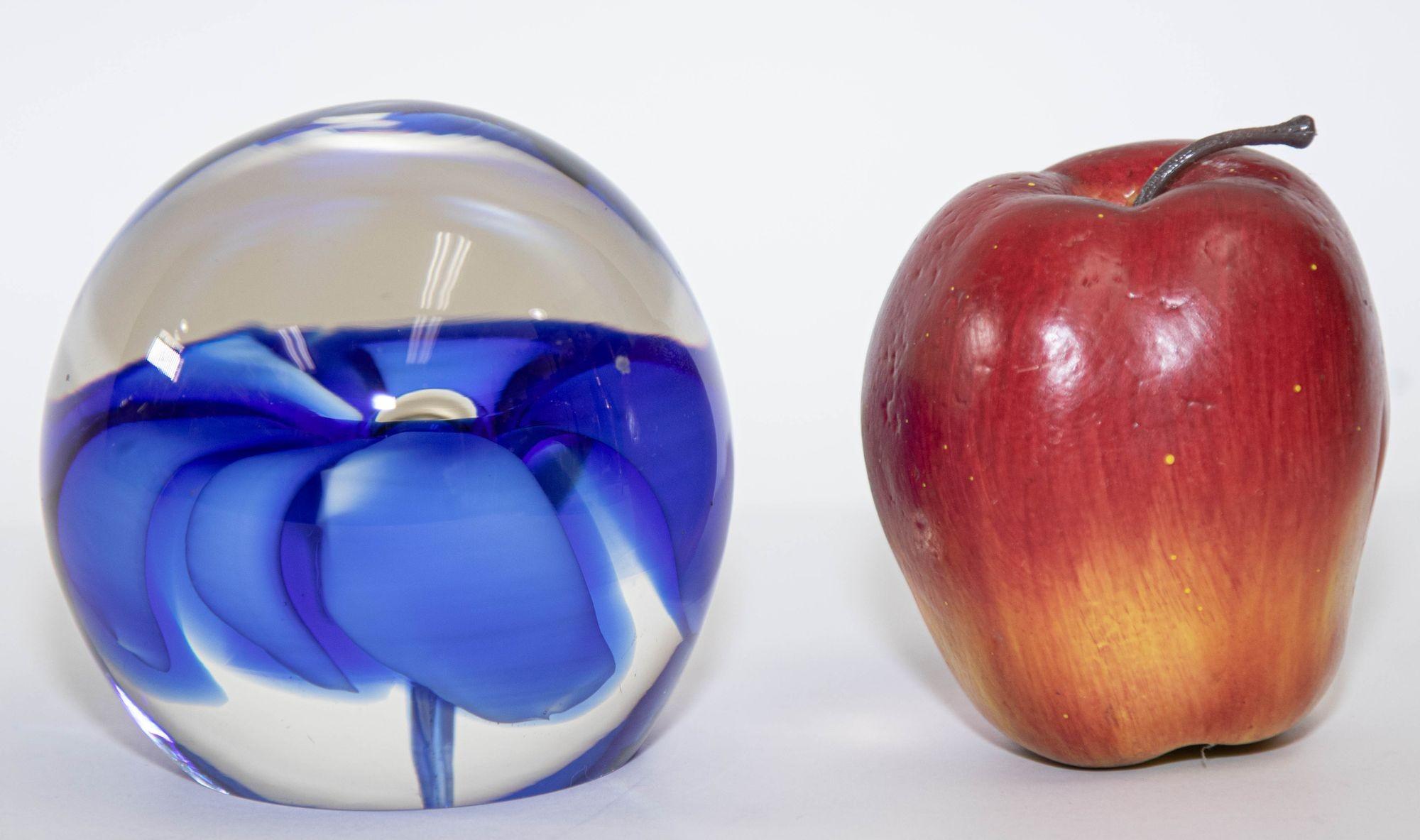 Vintage ICET Murano Glass Paperweight with Cobalt Blue Flower Mid-Century Moder 4