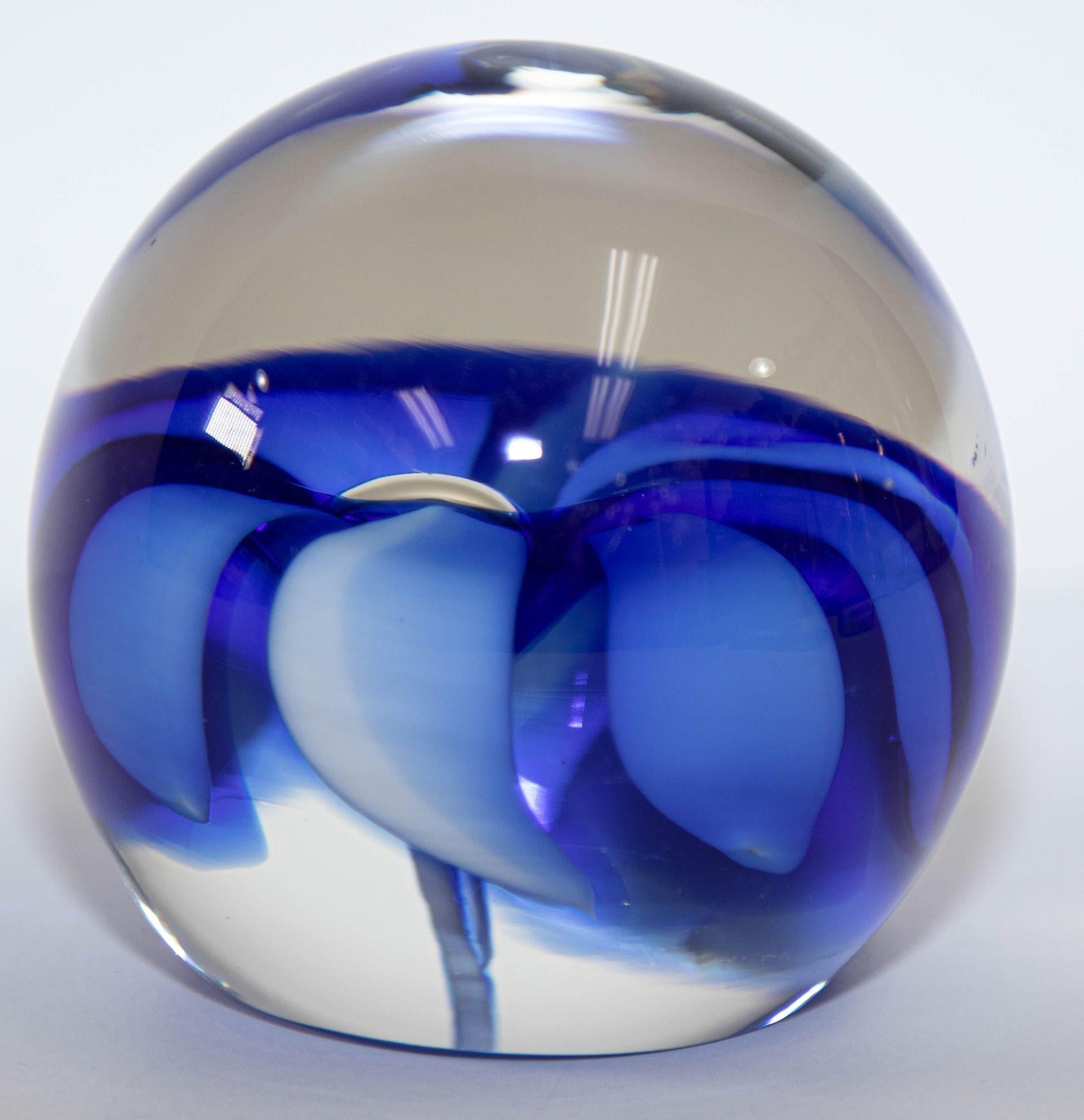 Vintage ICET Murano Glass Paperweight with Cobalt Blue Flower Mid-Century Moder 8