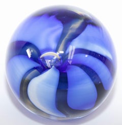 Vintage ICET Murano Glass Paperweight with Cobalt Blue Flower Mid-Century Moder