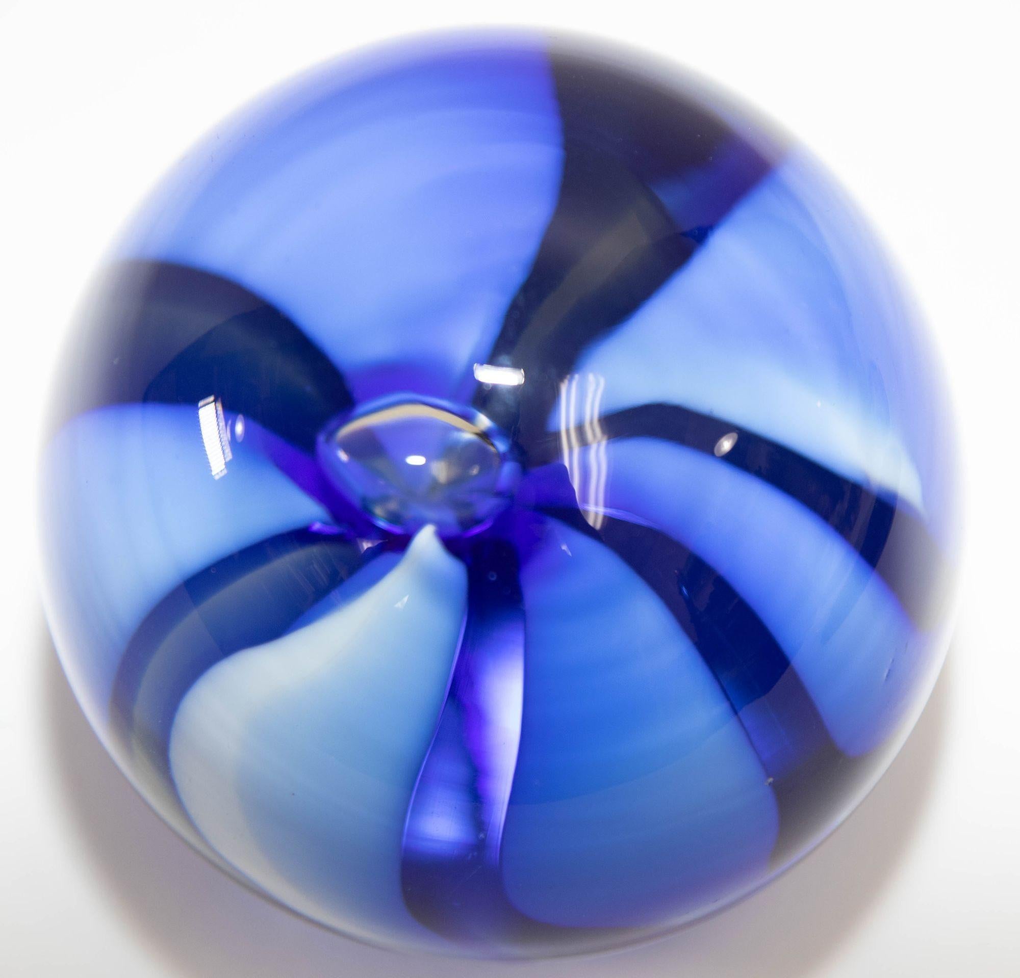 Vintage ICET Murano Glass Paperweight with Cobalt Blue Flower Mid-Century Moder 6