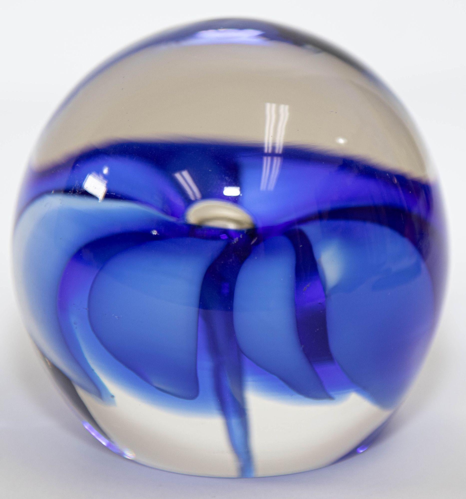 Mid-Century Modern Vintage ICET Murano Glass Paperweight with Cobalt Blue Flower Mid-Century Moder