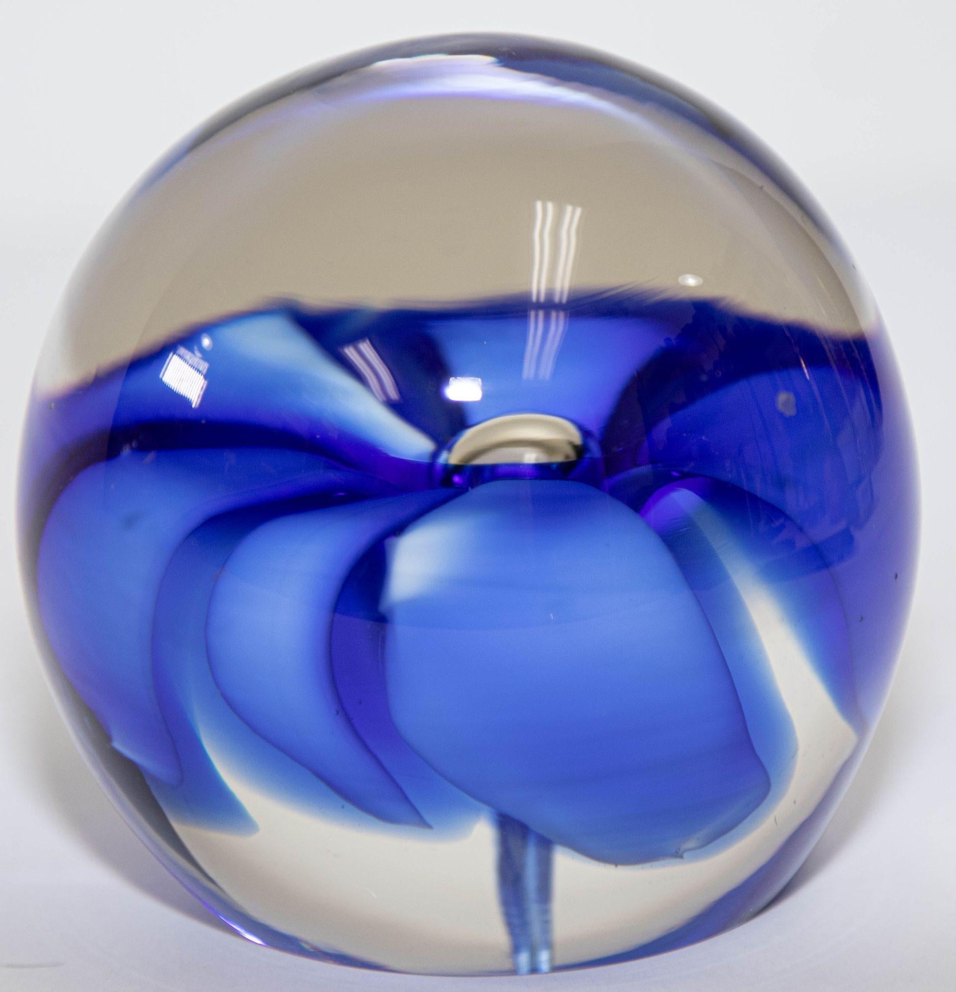 Vintage ICET Murano Glass Paperweight with Cobalt Blue Flower Mid-Century Moder 9