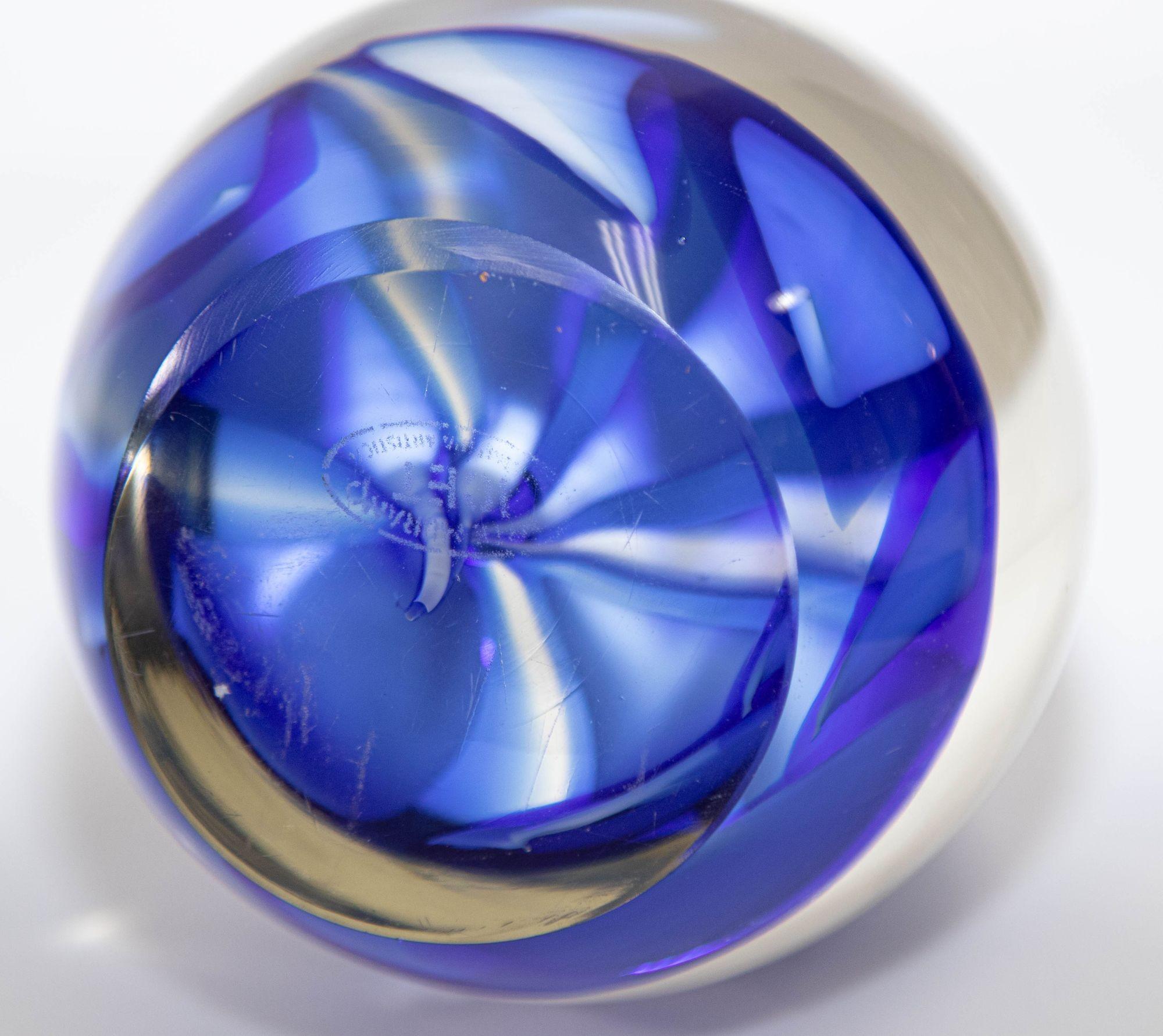 Hand-Crafted Vintage ICET Murano Glass Paperweight with Cobalt Blue Flower Mid-Century Moder