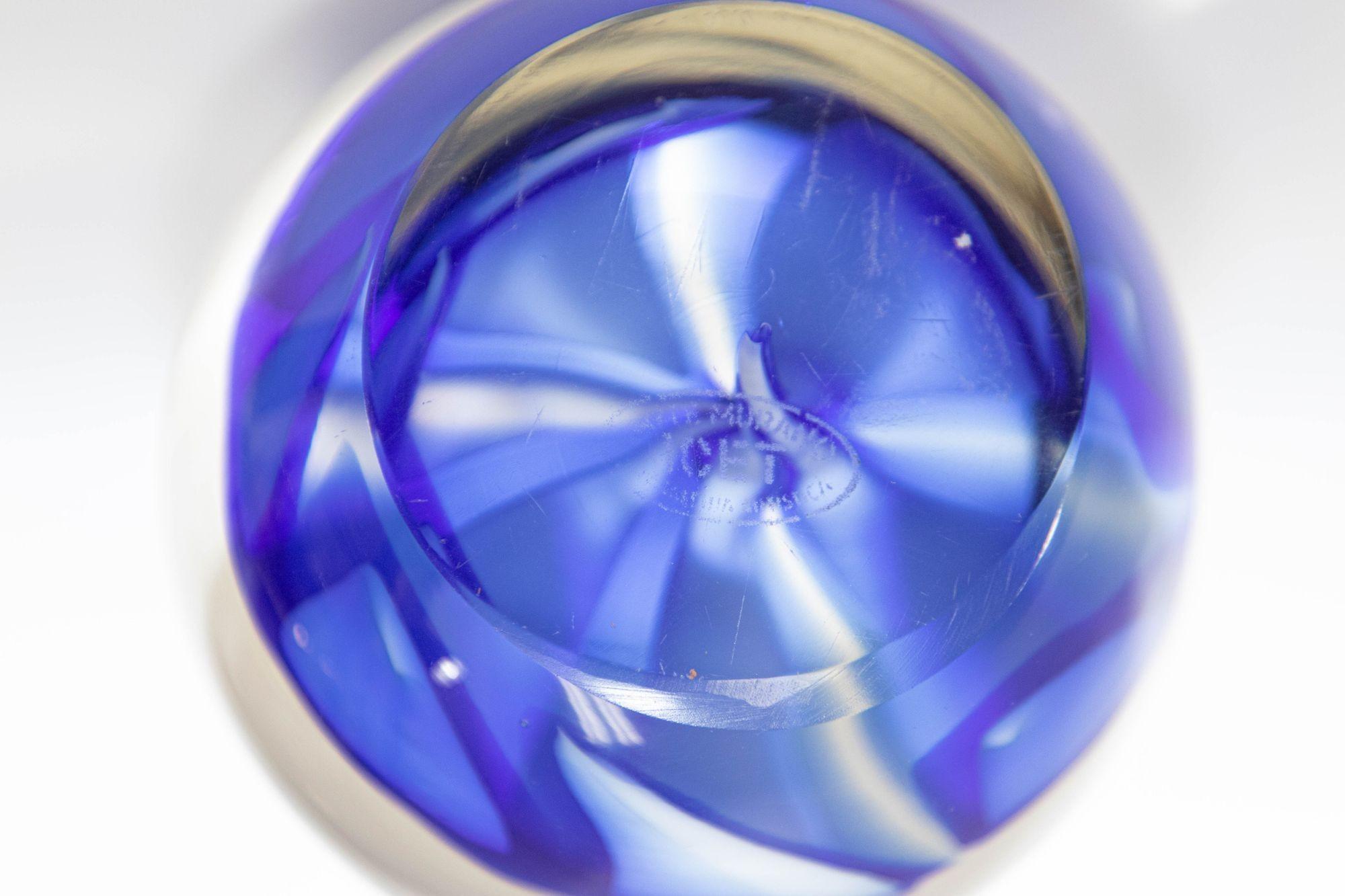 Hand-Crafted Vintage ICET Murano Glass Paperweight with Cobalt Blue Flower Mid-Century Moder
