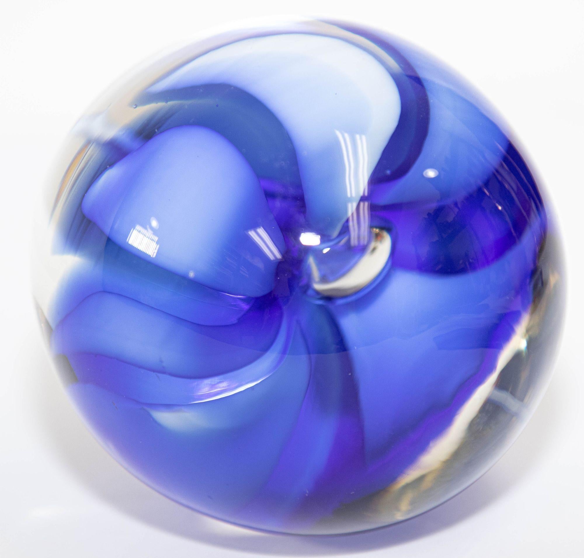 Art Glass Vintage ICET Murano Glass Paperweight with Cobalt Blue Flower Mid-Century Moder
