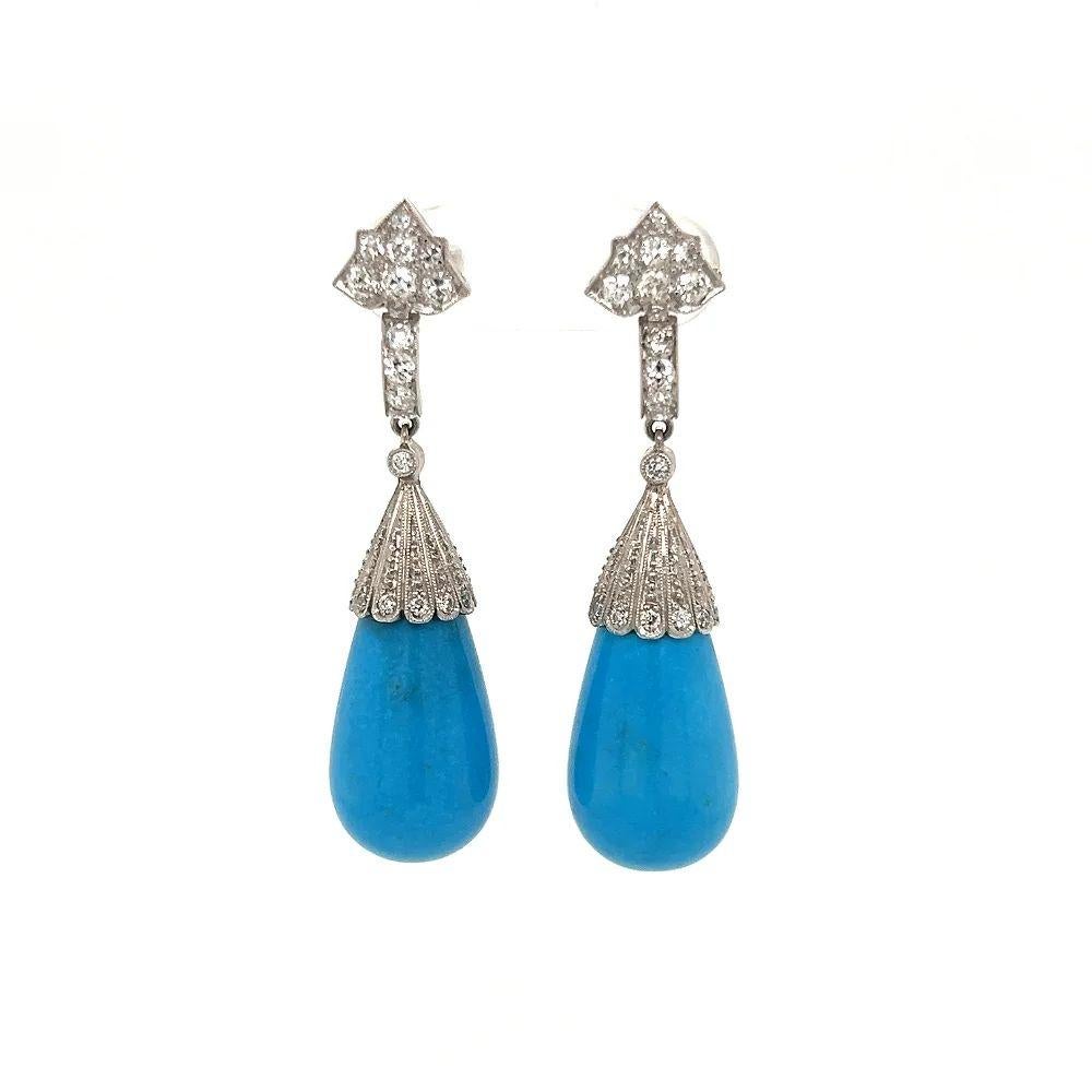 Mixed Cut Vintage Iconic CARTIER Art Deco Turquoise and Diamond Platinum Drop Earrings For Sale