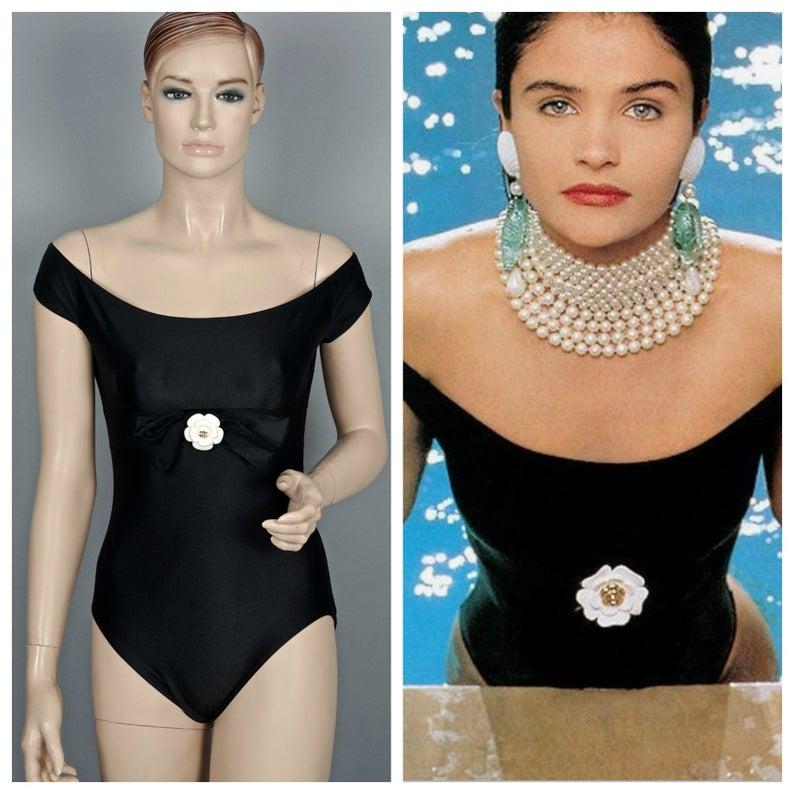 Vintage Iconic CHANEL Camellia Flower Bow Bathing Suit Swimsuit Bodysuit 1