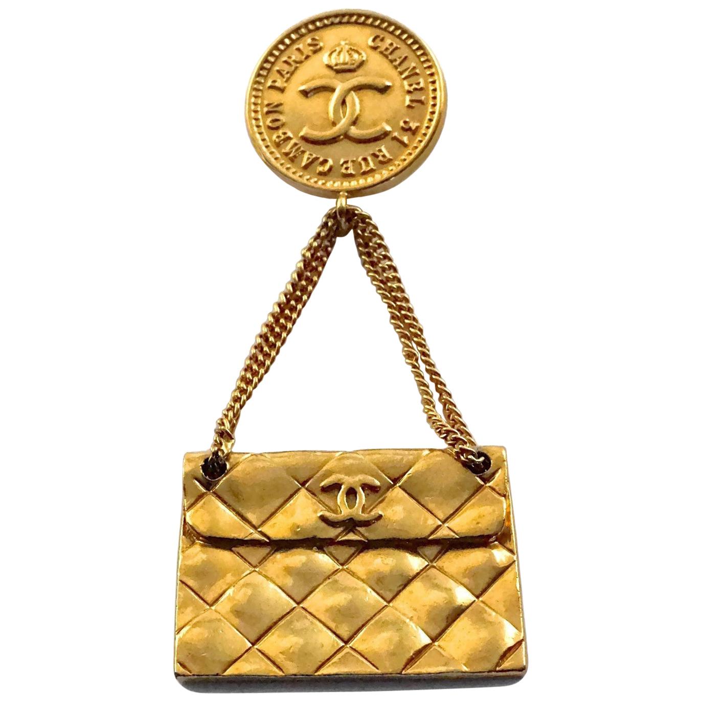 Vintage Iconic CHANEL Logo Coin Quilted Flap Purse Brooch at 1stDibs