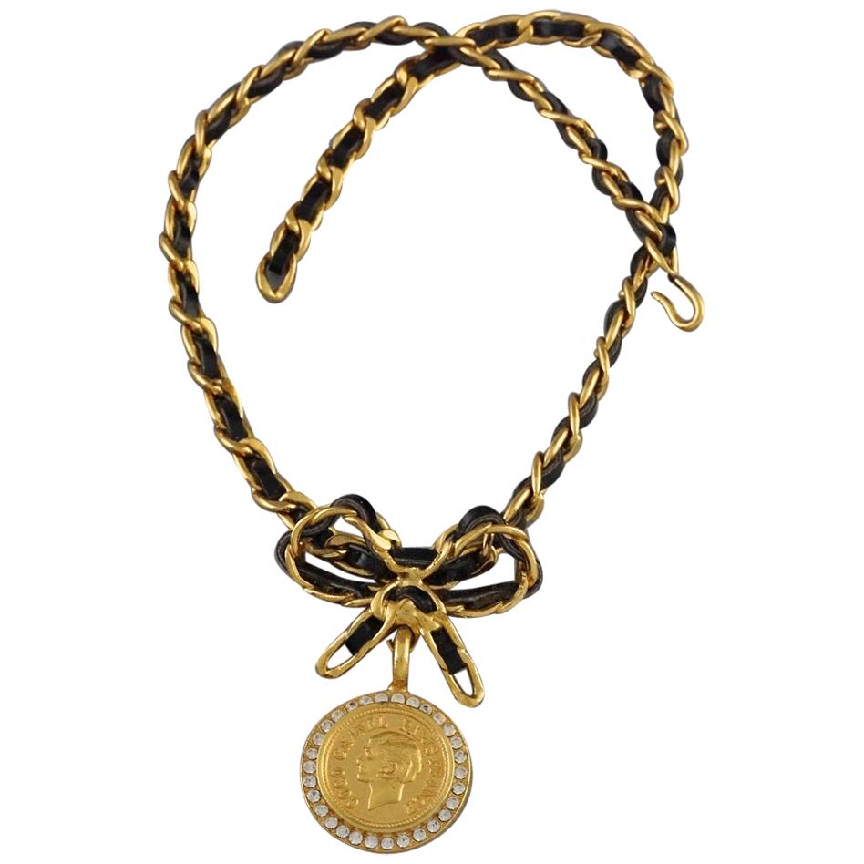Vintage Iconic CHANEL Medallion Rhinestone Leather Chain Bow Choker Necklace  at 1stDibs
