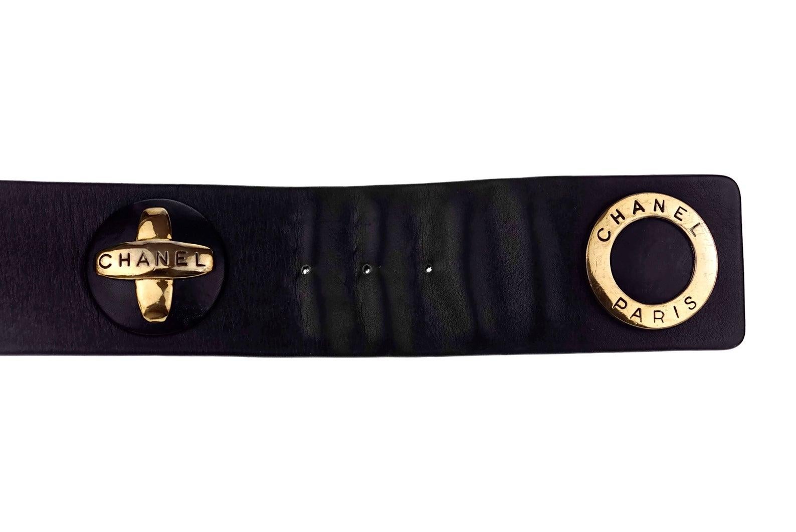 Black Vintage Iconic CHANEL Metal Emblem Leather Belt