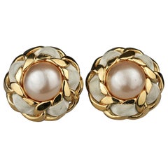 Vintage Iconic CHANEL Pearl Ecru Leather Chain Earrings