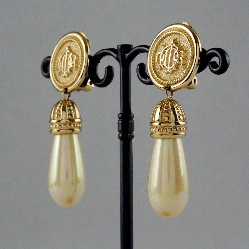 Women's Vintage Iconic CHRISTIAN DIOR Logo Monogram Pearl Dangling Earrings