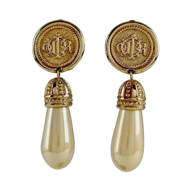 Vintage Iconic CHRISTIAN DIOR Logo Monogram Pearl Dangling Earrings at