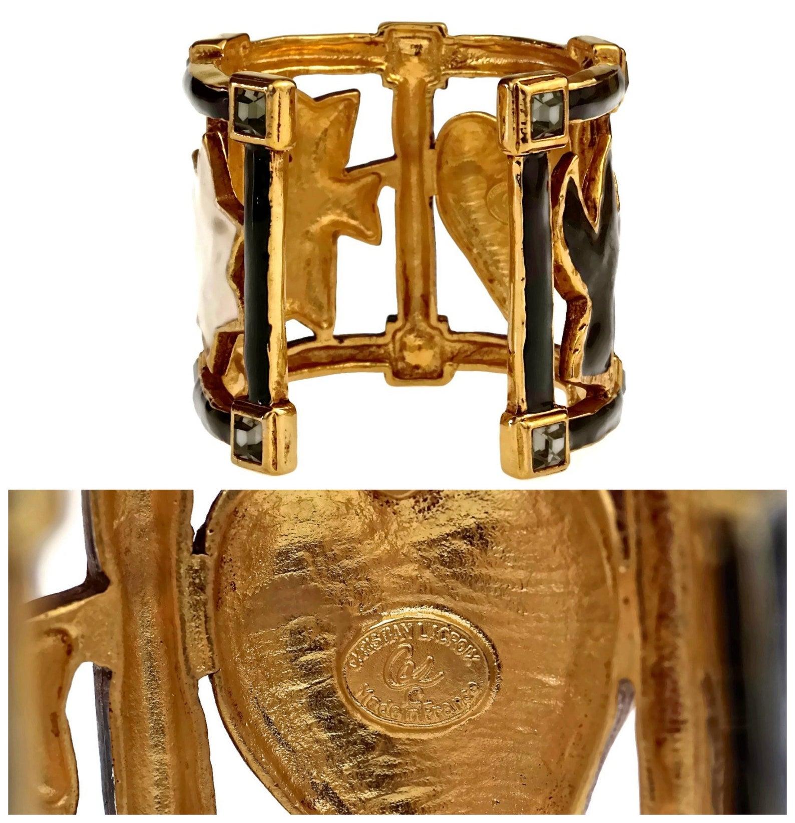 Vintage Iconic CHRISTIAN LACROIX Enamel Emblem Rhinestone Cuff Bracelet 6