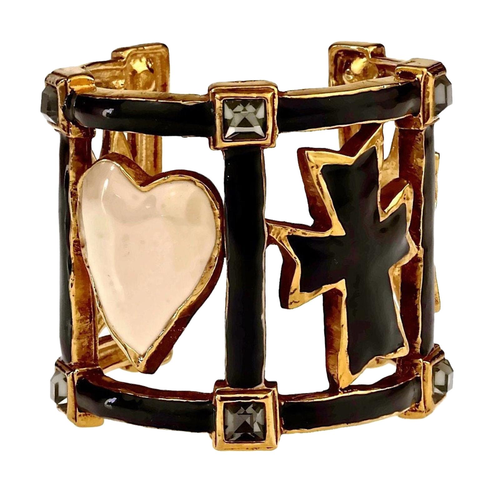 Vintage Iconic CHRISTIAN LACROIX Enamel Emblem Rhinestone Cuff Bracelet