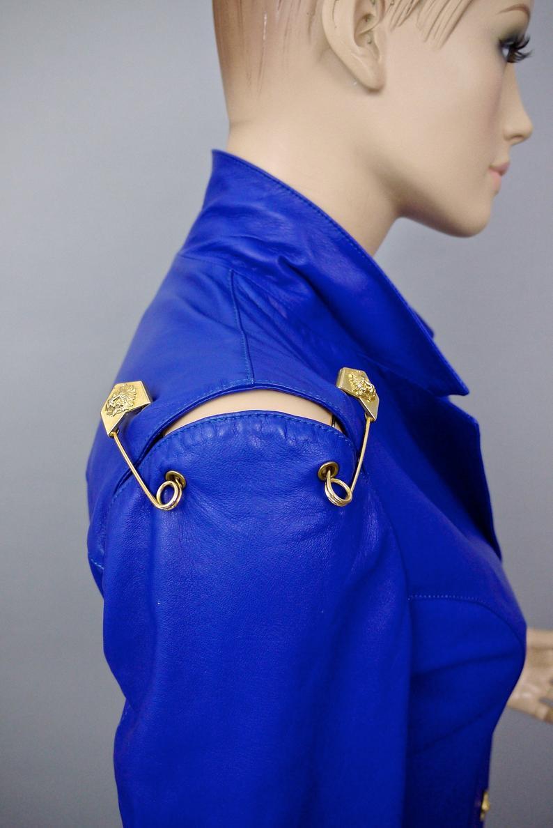 Women's or Men's Vintage Iconic GIANNI VERSACE VERSUS Safety Pin Blue Leather Jacket