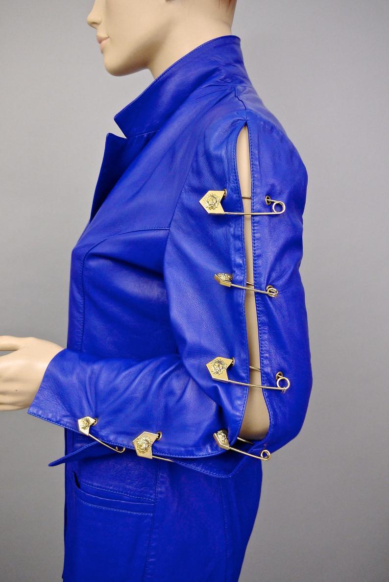Vintage Iconic GIANNI VERSACE VERSUS Safety Pin Blue Leather Jacket 1