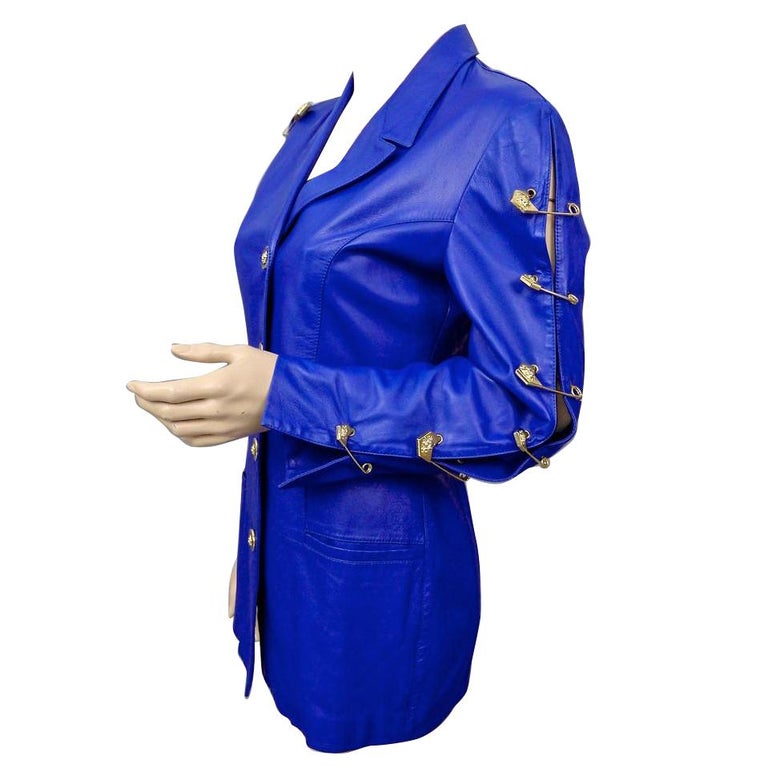 Vintage Iconic GIANNI VERSACE VERSUS Safety Pin Blue Leather Jacket at  1stDibs