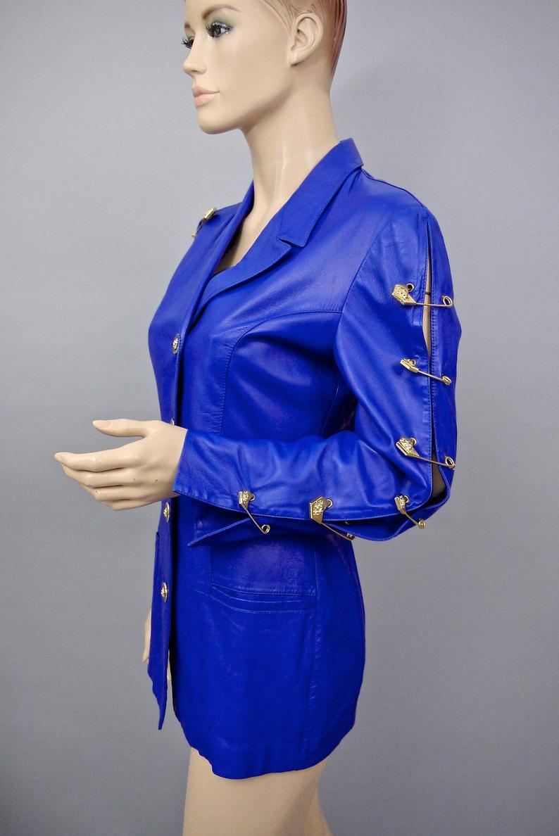 ジャケット Versace Light-Blue Leather Blazer Vintage Iconic GIANNI VERSACE VERSUS Safety Pin Blue Leather