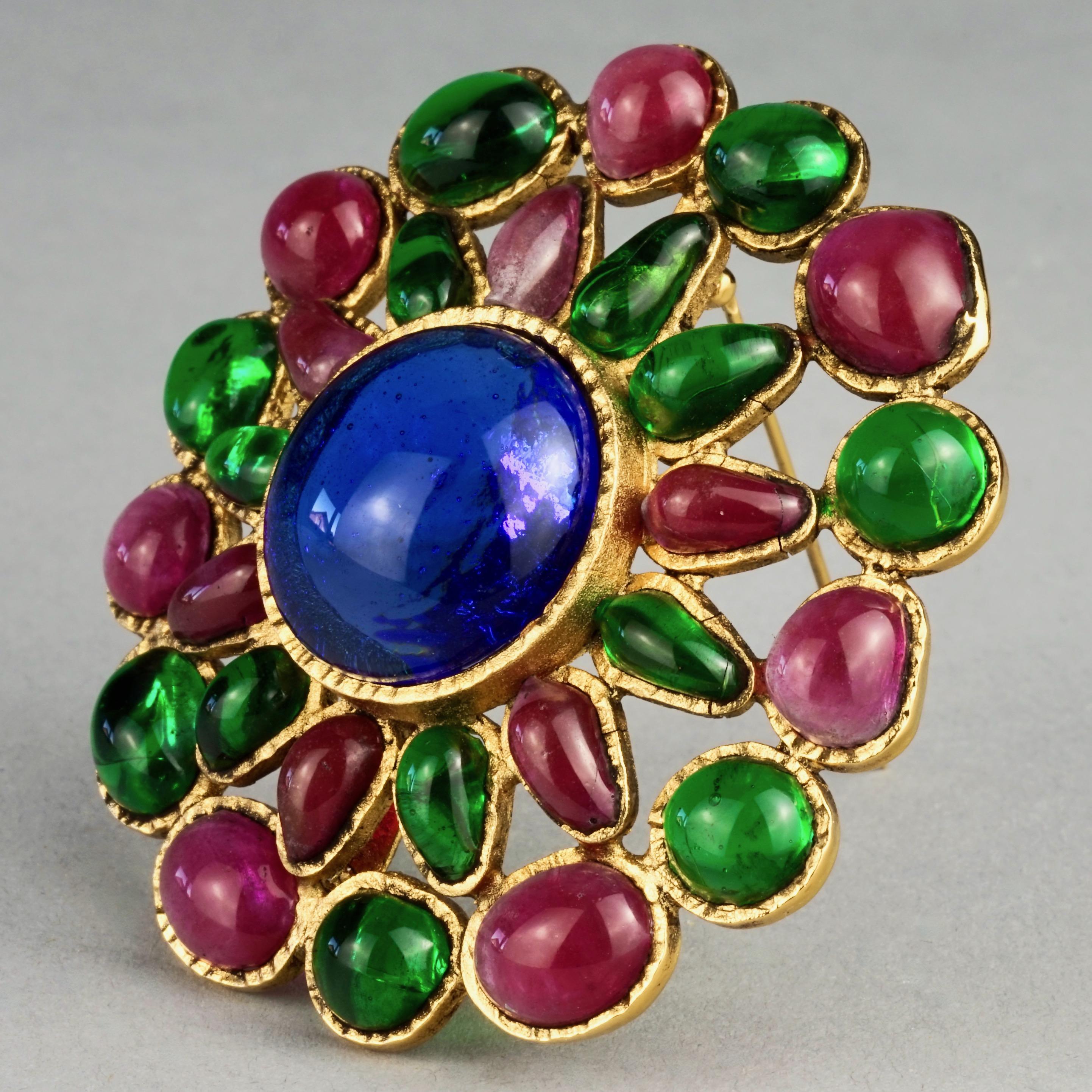 Vintage Iconic GRIPOIX Green Red Blue Flower Pendant Brooch For Sale 3