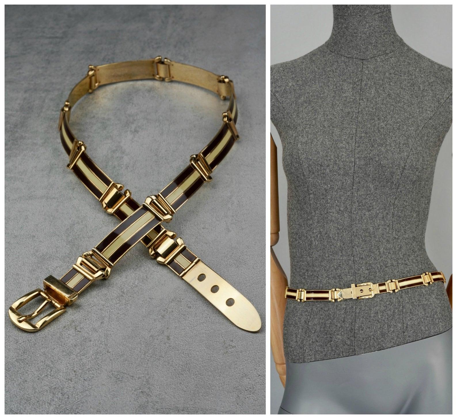 Vintage Iconic GUCCI Gold Enamel Buckle Belt

Measurements:
Height: 0.86 inch (2.2 cm)
Wearable Length: 28.15 inches, 28.74 inches, 29.33 inches (71.5 cm, 73 cm, 74.5 cm)

Features:
- 100% Authentic GUCCI.
- Iconic GUCCI enamel buckle belt in