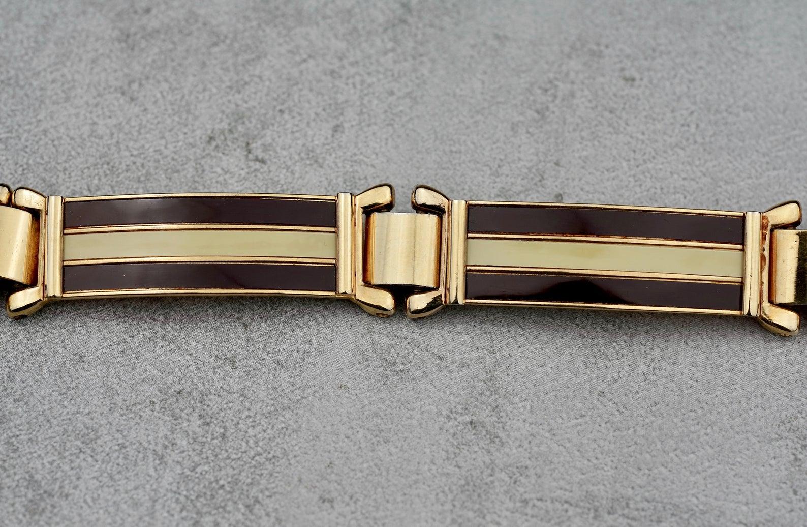 Brown Vintage Iconic GUCCI Gold Enamel Buckle Belt For Sale
