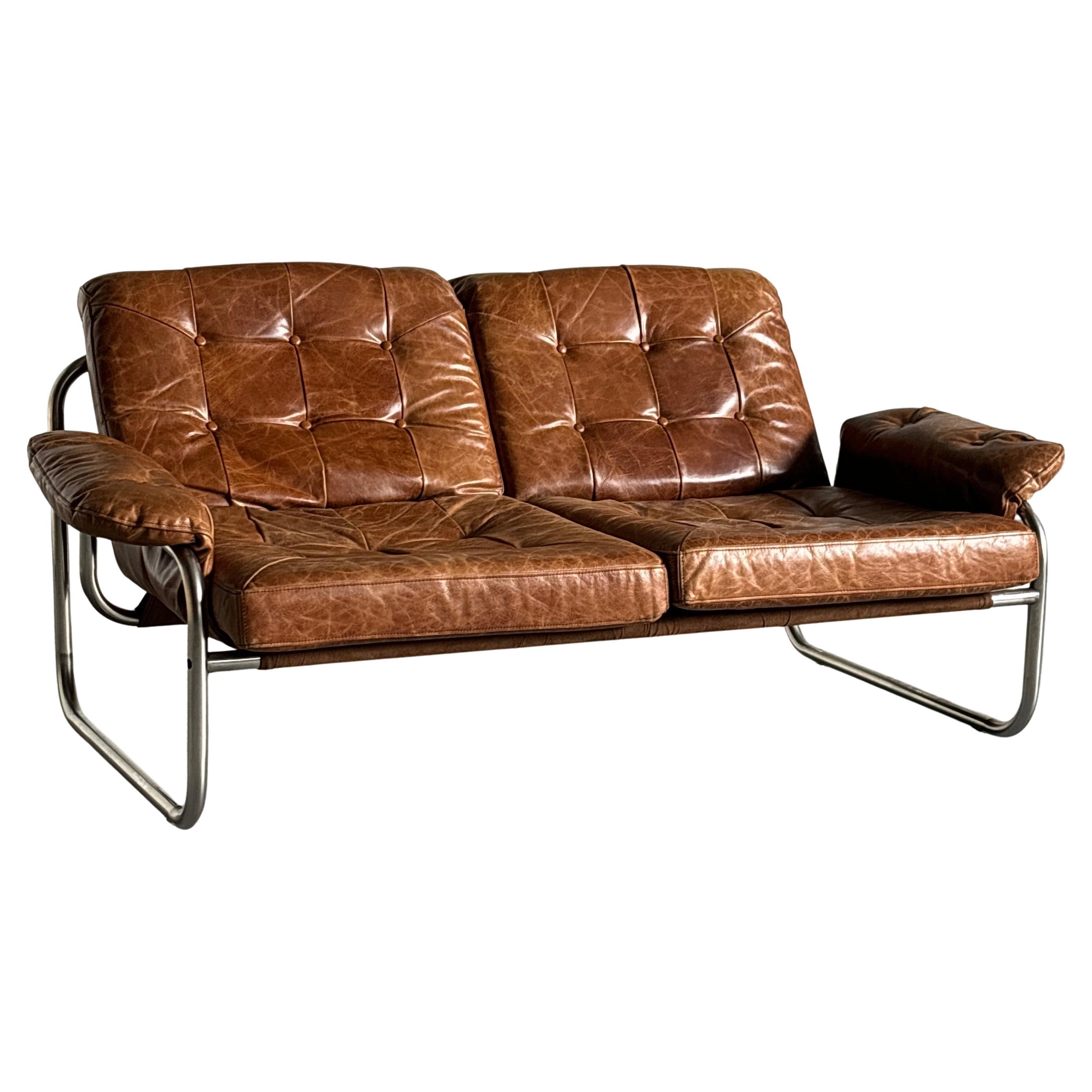 Icónico sofá vintage Ikea de cuero marrón "Borkum" de Johan Häggström, Suecia, años 70