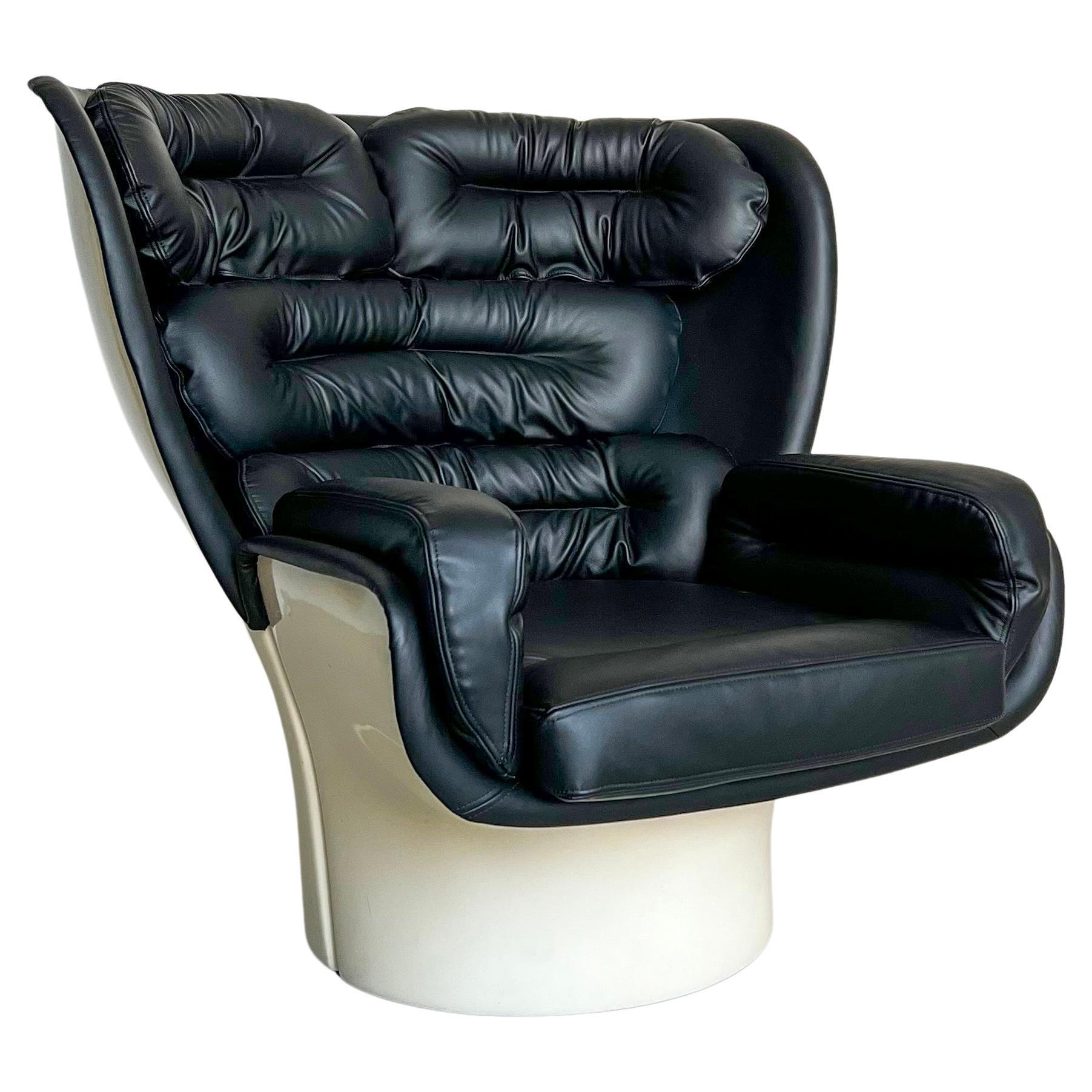 Space Age Living Room Armchair, Elda by Joe Colombo, Black Leather, Collectible For Sale