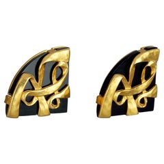 Vintage Iconic KARL LAGERFELD KL Logo Black Resin Fan Earrings