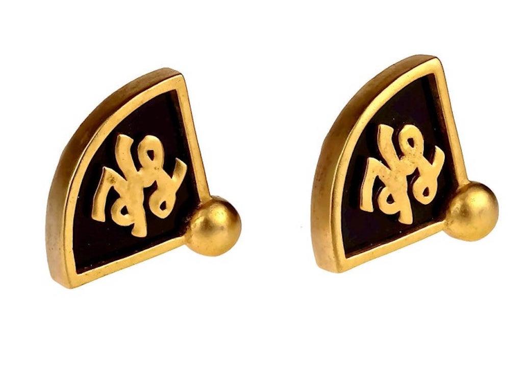 Boucles D'oreilles Vintage Karl Lagerfeld - Argenté Et Tourmaline - Modèle Demi-lunes à Clips - Occasion