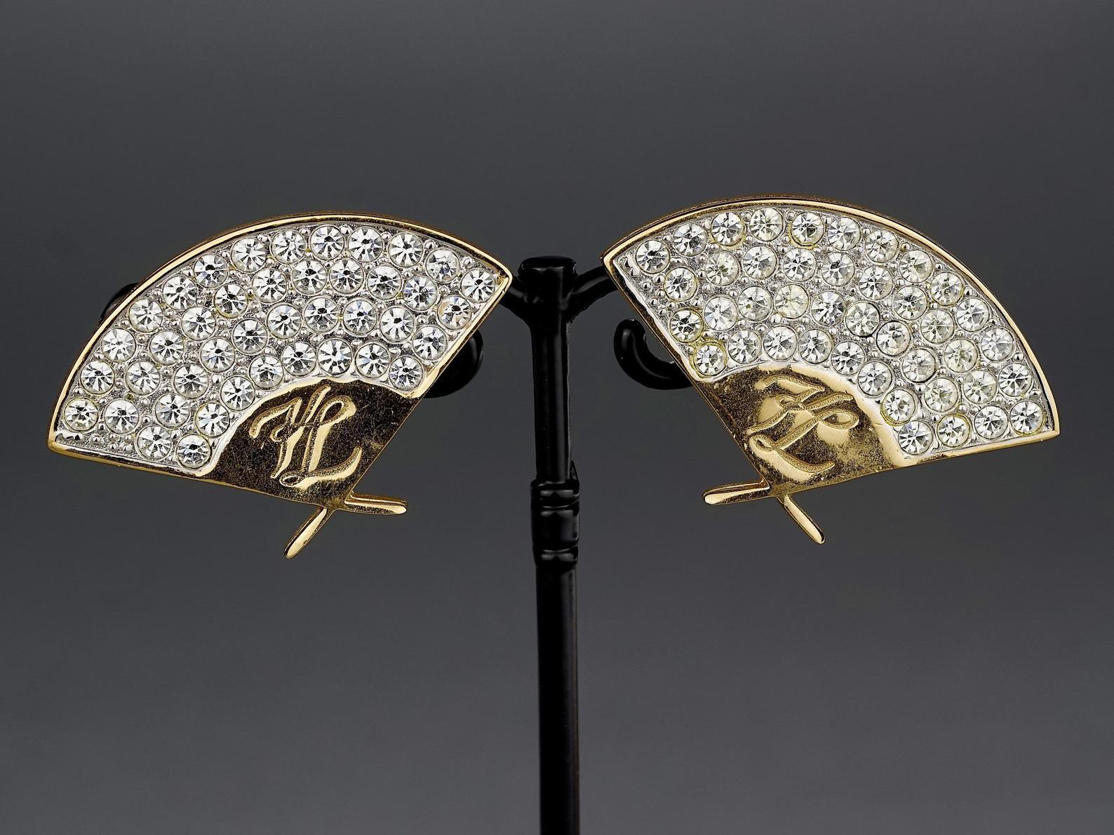 Vintage Iconic KARL LAGERFELD Logo Fan Rhinestone Earrings In Excellent Condition For Sale In Kingersheim, Alsace