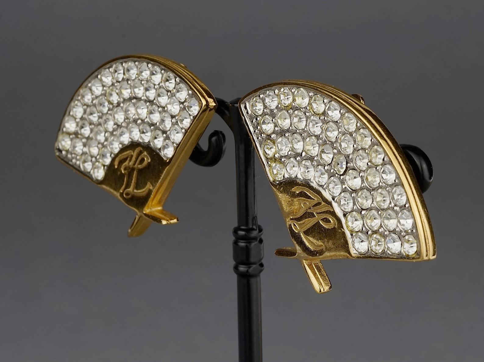 Women's Vintage Iconic KARL LAGERFELD Logo Fan Rhinestone Earrings For Sale