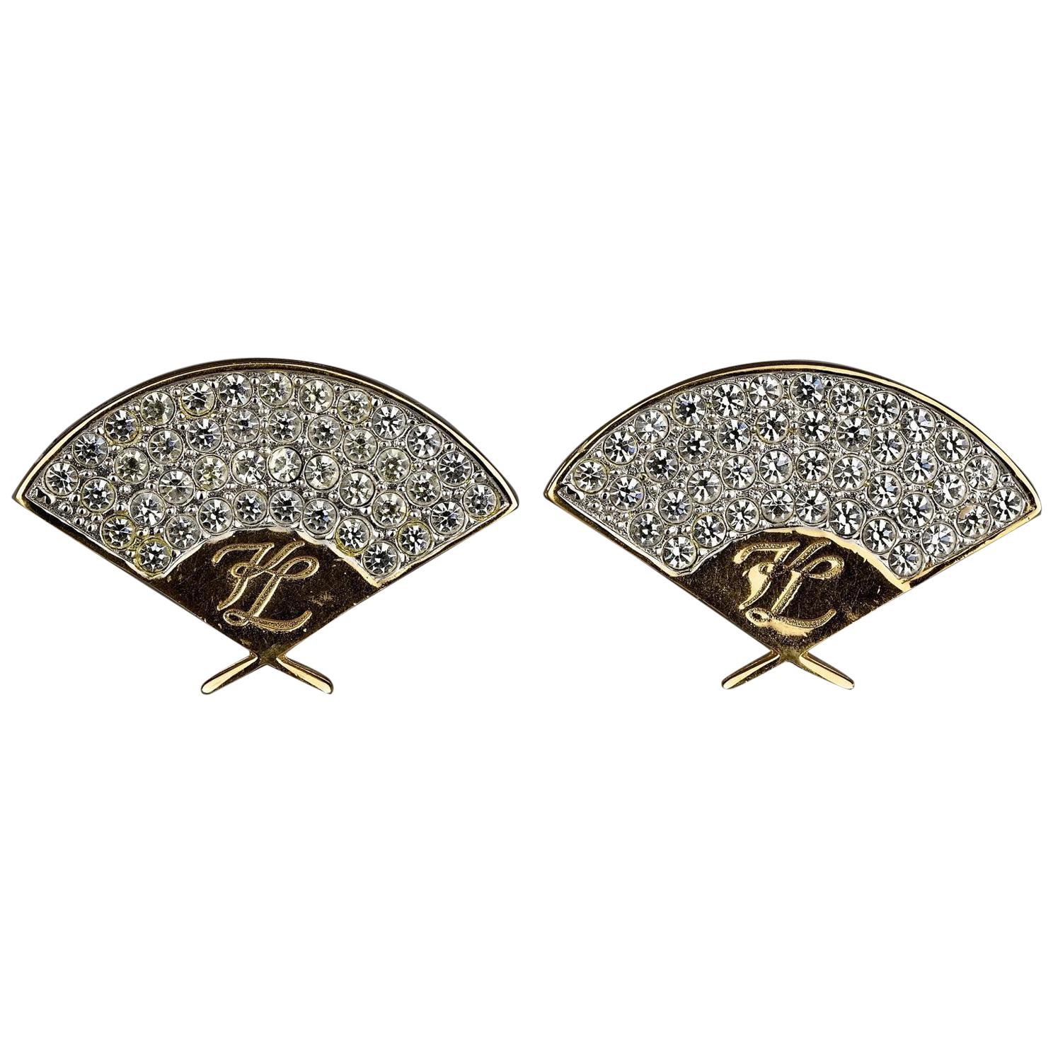 Vintage Iconic KARL LAGERFELD Logo Fan Rhinestone Earrings For Sale