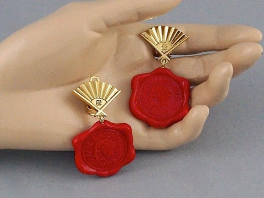 Vintage Iconic Karl Lagerfeld Profile Wax Seal Fan Logo Earrings