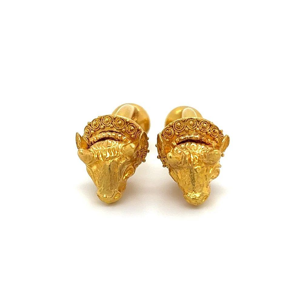 Simply Beautiful Lalaounis Iconic Ornate Bull Head Cufflinks by Ilias Lalaounis. Hand crafted in 22K Yellow Gold. Measuring approx. 1.5” and weighing approx. 16.3 grams. Hallmarked + 916 Greece. More Beautiful in real time! Classic and Chic…Sure to