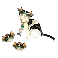 Spilla e orecchini iconici vintage di Lunch at the Ritz Kitty Cat