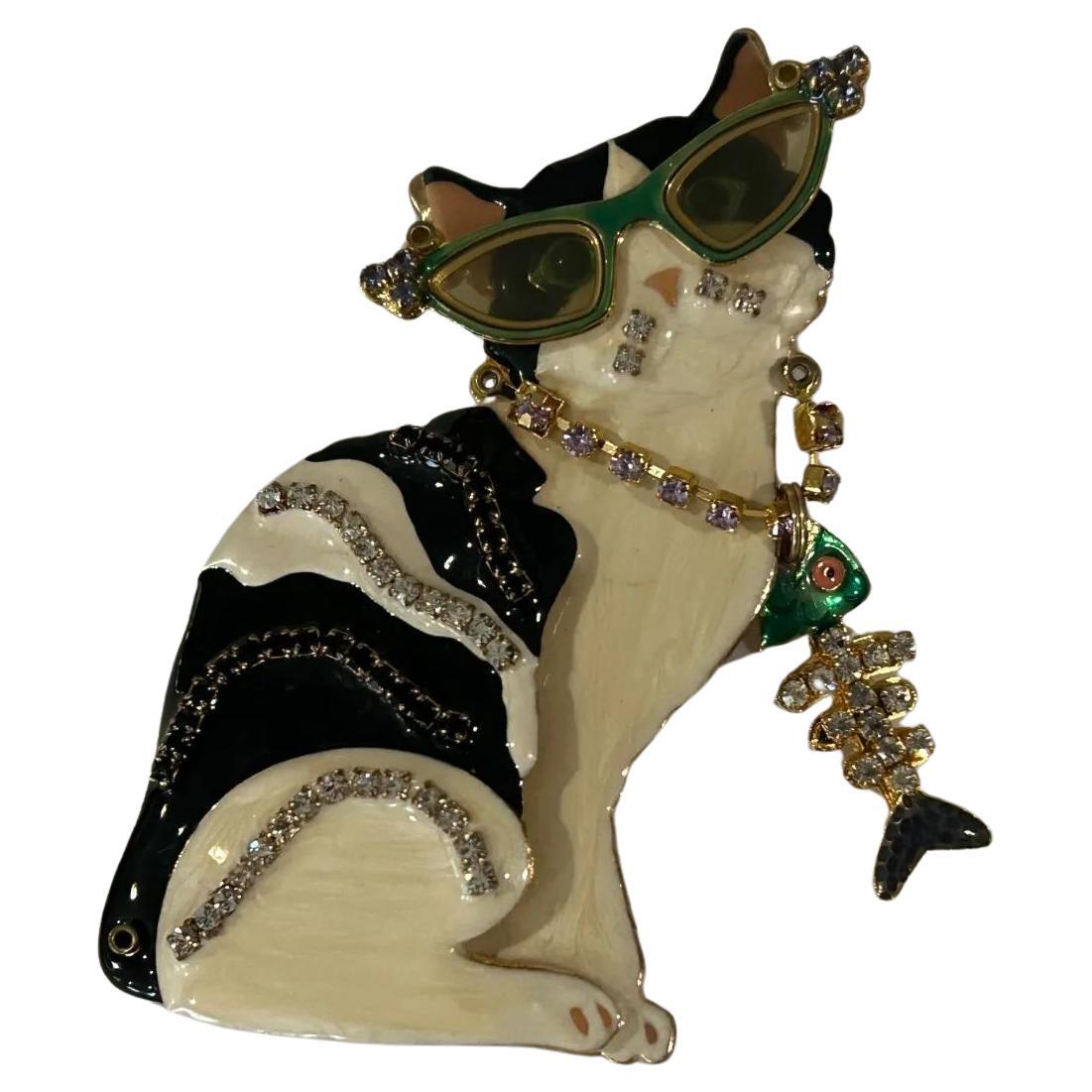 Vintage Iconic Signed Designer Lunch at the Ritz Kitty Cat Brooch Pin For Sale