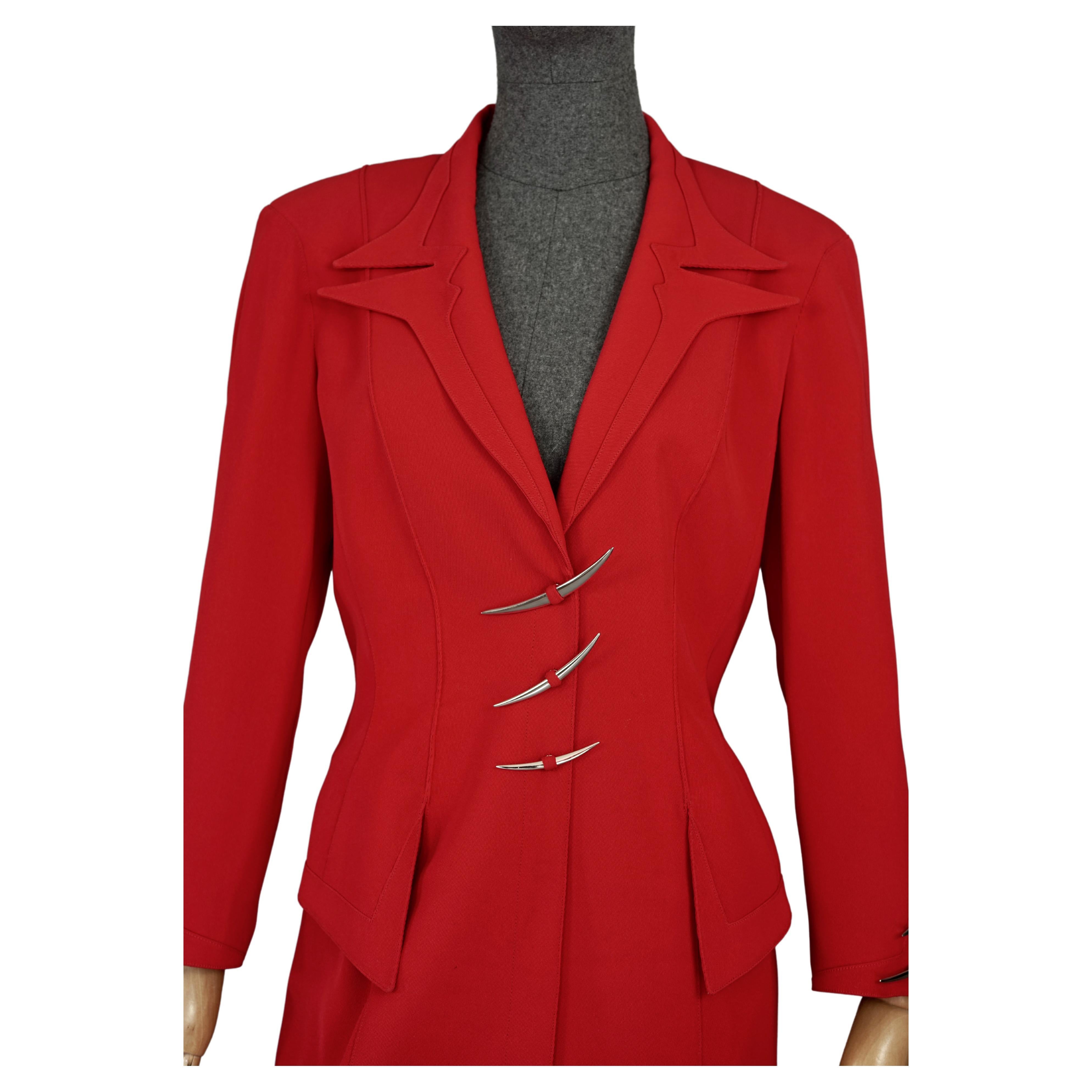 Vintage Iconic THIERRY MUGLER Silver Metal Hooks Futuristic Red Dress Suit For Sale