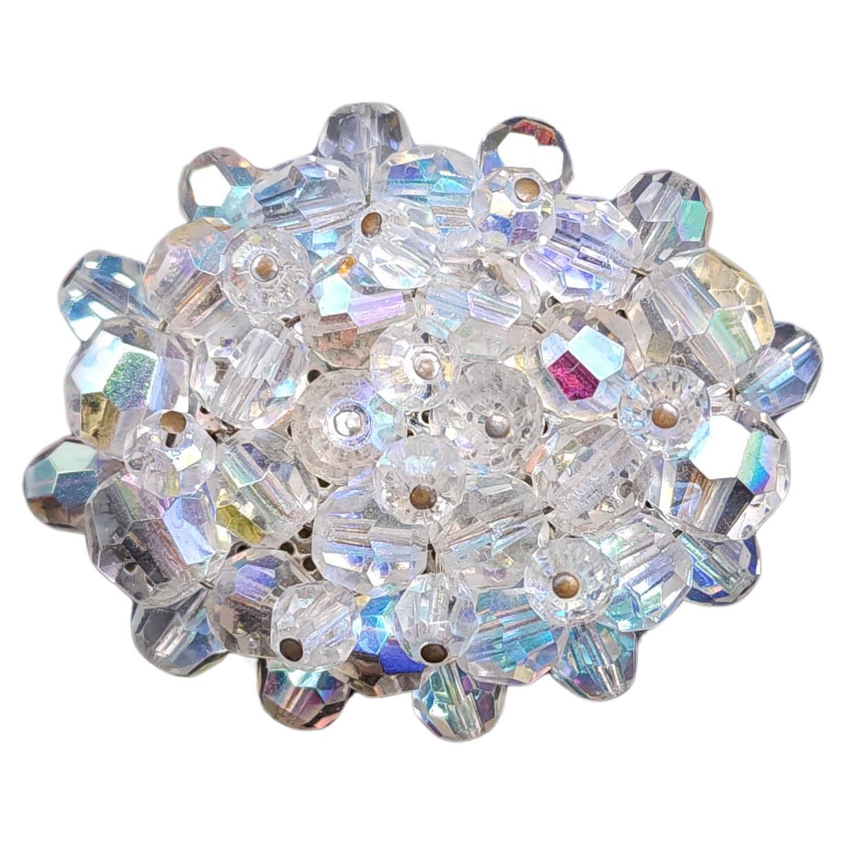 Vintage Icy Clear Aurora Borealis Crystal Cluster Oval Brooch, Silver Tone For Sale